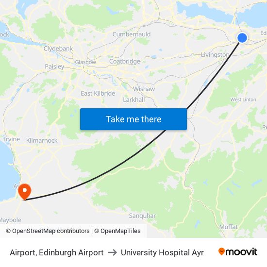 Airport, Edinburgh Airport to University Hospital Ayr map