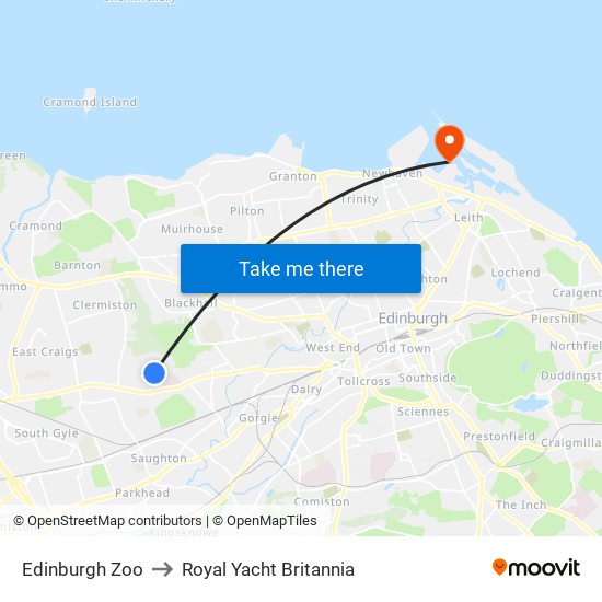 Edinburgh Zoo to Royal Yacht Britannia map
