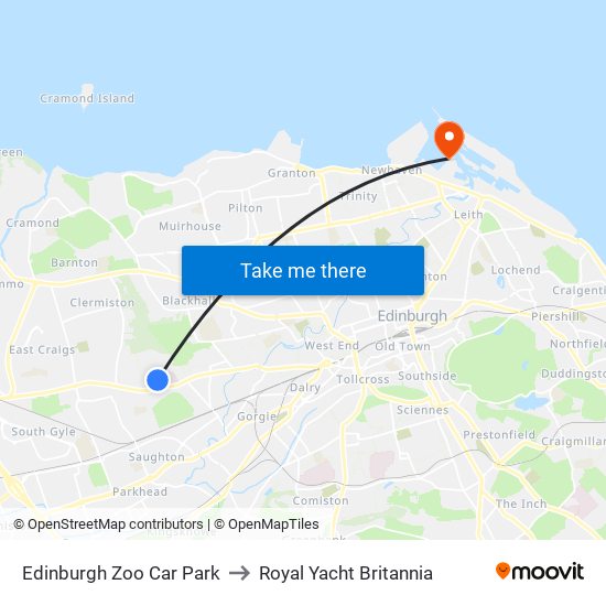 Edinburgh Zoo Car Park to Royal Yacht Britannia map