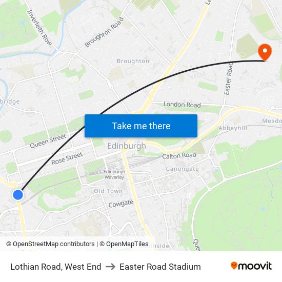 Lothian Road, West End to Easter Road Stadium map