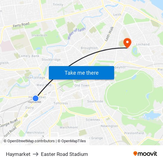 Haymarket to Easter Road Stadium map
