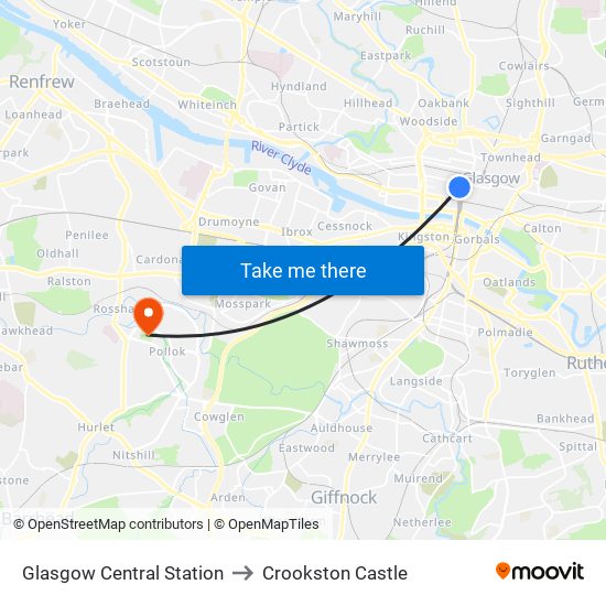 Glasgow Central Station to Crookston Castle map