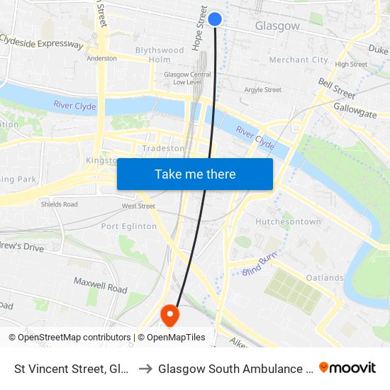 St Vincent Street, Glasgow to Glasgow South Ambulance Station map