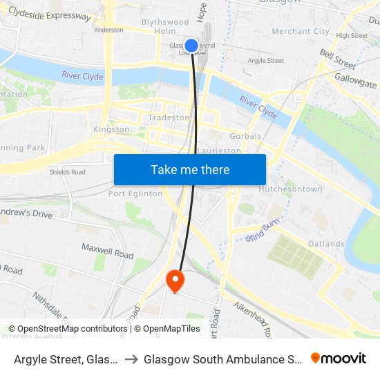 Argyle Street, Glasgow to Glasgow South Ambulance Station map