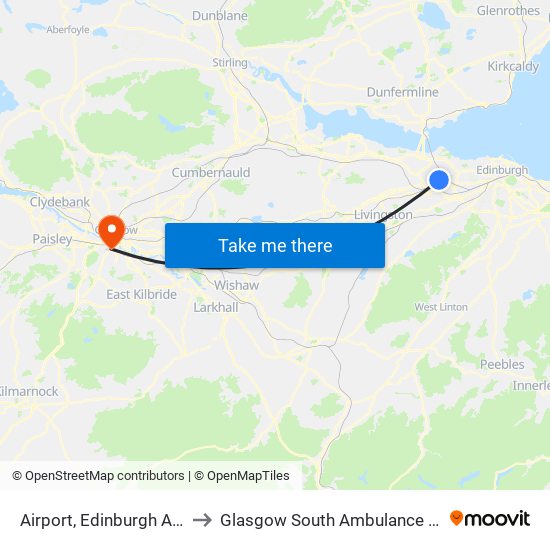 Airport, Edinburgh Airport to Glasgow South Ambulance Station map