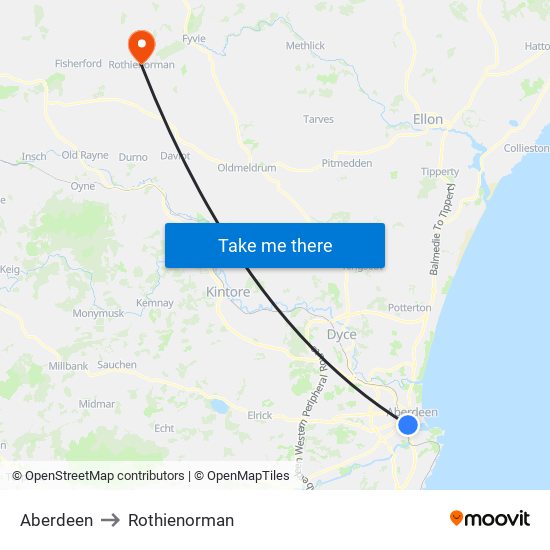 Aberdeen to Rothienorman map