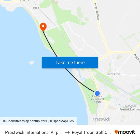Prestwick International Airport to Royal Troon Golf Club map