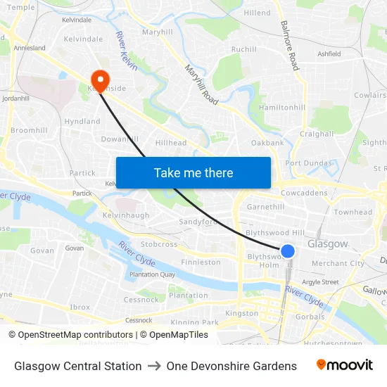 Glasgow Central Station to One Devonshire Gardens map