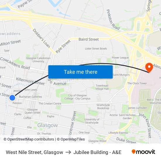 West Nile Street, Glasgow to Jubilee Building - A&E map