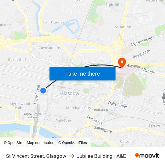 St Vincent Street, Glasgow to Jubilee Building - A&E map