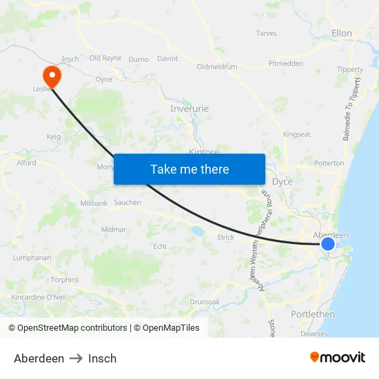Aberdeen to Insch map