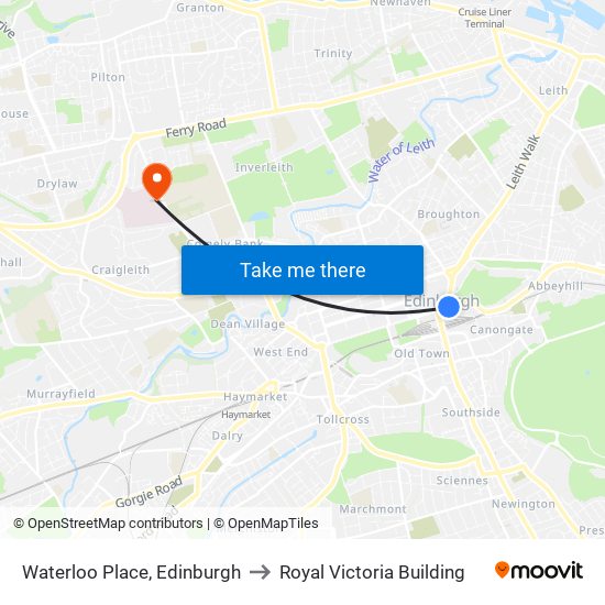 Waterloo Place, Edinburgh to Royal Victoria Building map