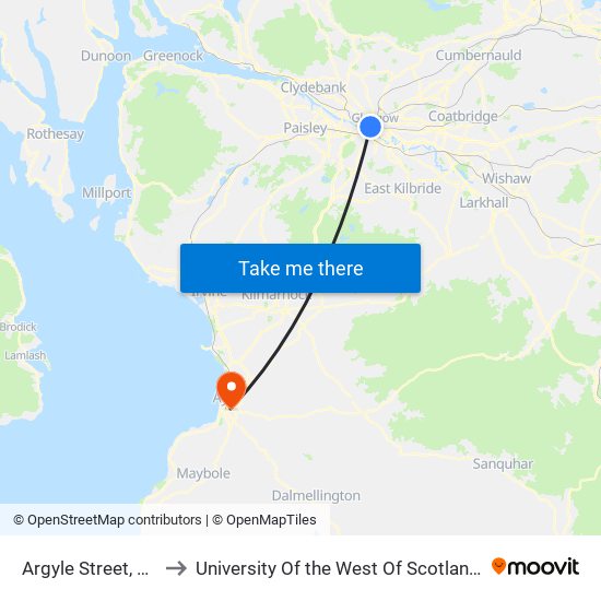Argyle Street, Glasgow to University Of the West Of Scotland - Ayr Campus map