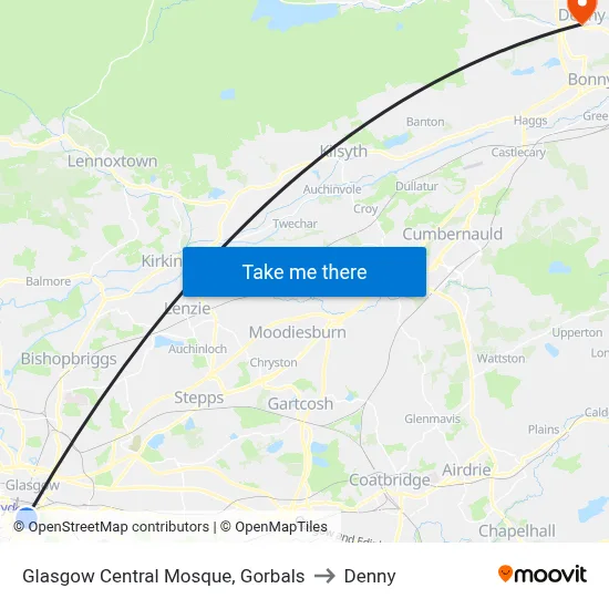 Glasgow Central Mosque, Gorbals to Denny map