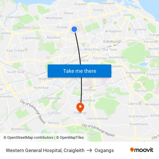 Western General Hospital, Craigleith to Oxgangs map