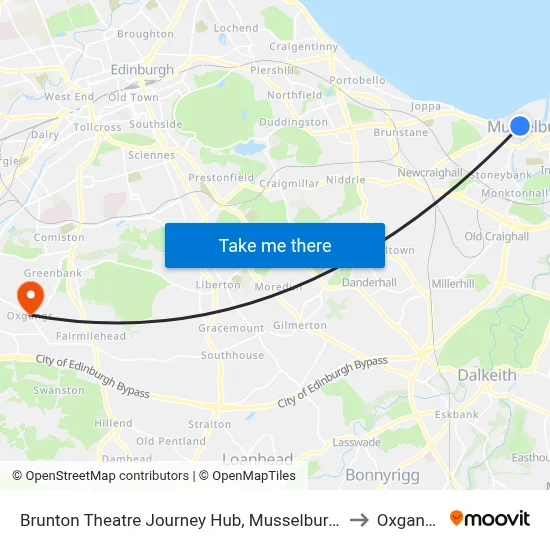 Brunton Theatre Journey Hub, Musselburgh to Oxgangs map