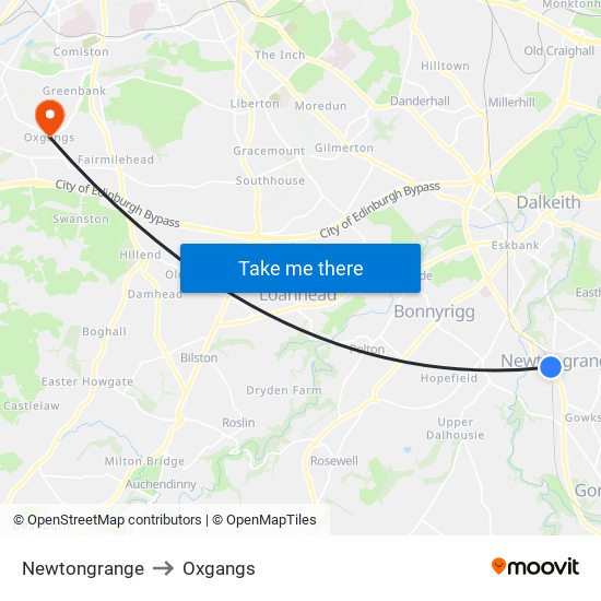 Newtongrange to Oxgangs map