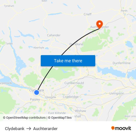 Clydebank to Auchterarder map