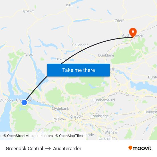 Greenock Central to Auchterarder map
