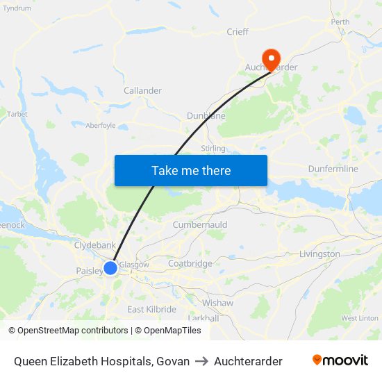 Queen Elizabeth Hospitals, Govan to Auchterarder map