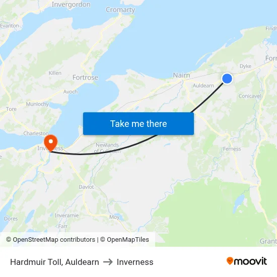 Hardmuir Toll, Auldearn to Inverness map