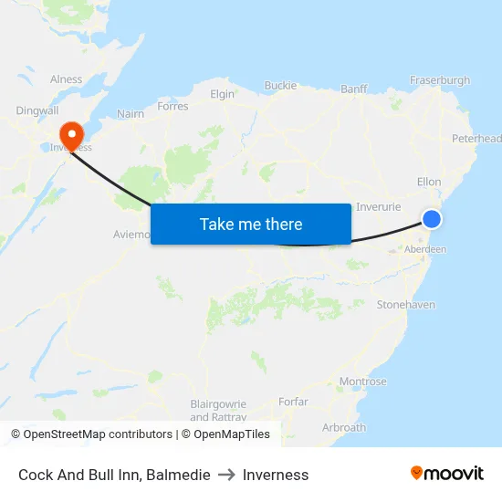 Cock And Bull Inn, Balmedie to Inverness map