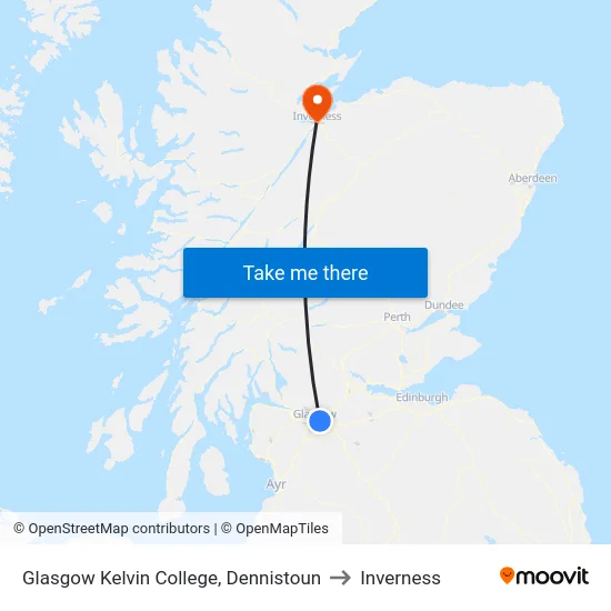 Glasgow Kelvin College, Dennistoun to Inverness map