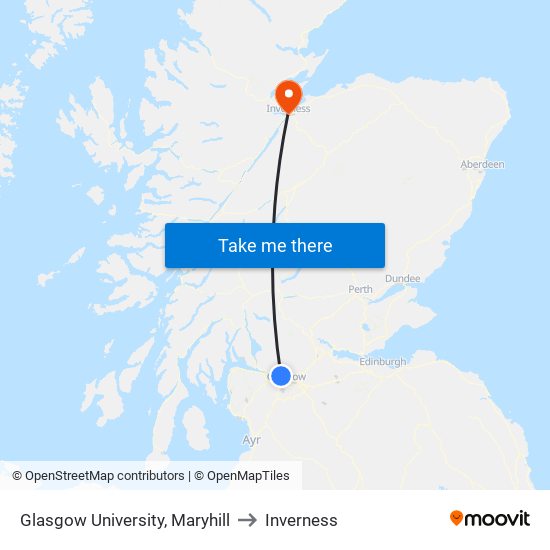 Glasgow University, Maryhill to Inverness map
