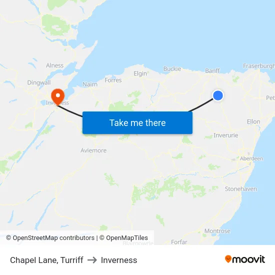 Chapel Lane, Turriff to Inverness map