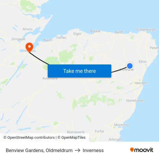 Benview Gardens, Oldmeldrum to Inverness map