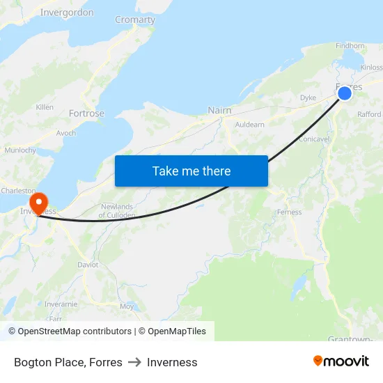 Bogton Place, Forres to Inverness map