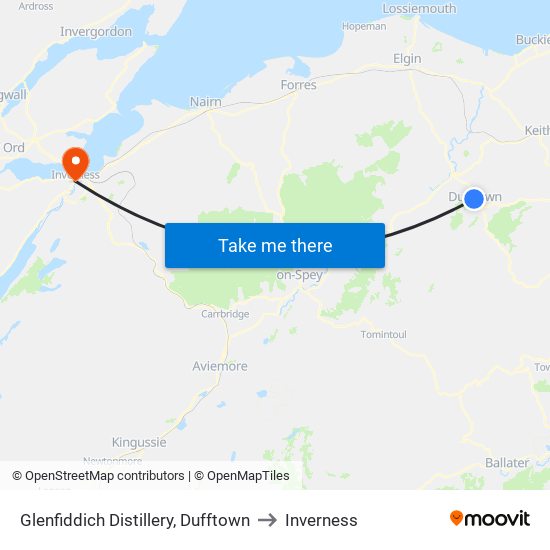 Glenfiddich Distillery, Dufftown to Inverness map