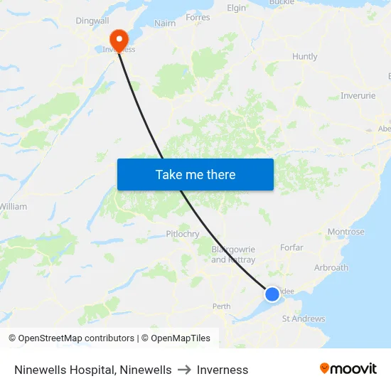 Ninewells Hospital, Ninewells to Inverness map