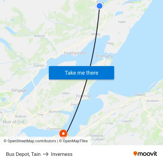 Bus Depot, Tain to Inverness map