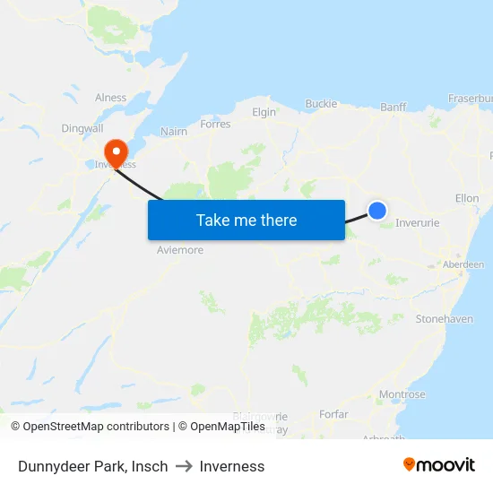 Dunnydeer Park, Insch to Inverness map