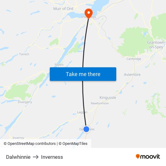 Dalwhinnie to Inverness map