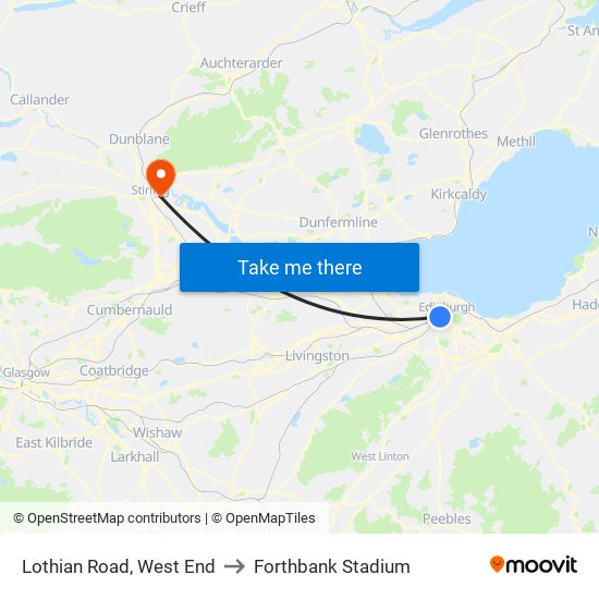 Lothian Road, West End to Forthbank Stadium map