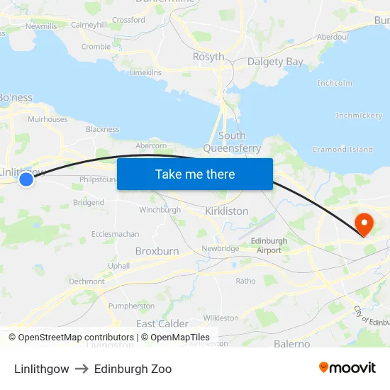 Linlithgow to Edinburgh Zoo map