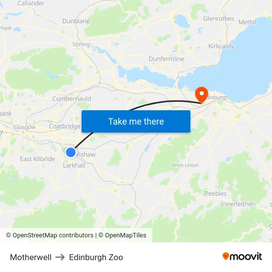 Motherwell to Edinburgh Zoo map