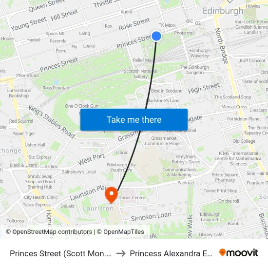 Princes Street (Scott Mon.), Edinburgh to Princess Alexandra Eye Pavilion map