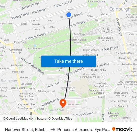 Hanover Street, Edinburgh to Princess Alexandra Eye Pavilion map