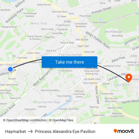Haymarket to Princess Alexandra Eye Pavilion map