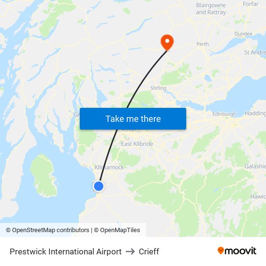Prestwick International Airport to Crieff map