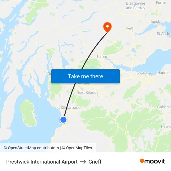 Prestwick International Airport to Crieff map