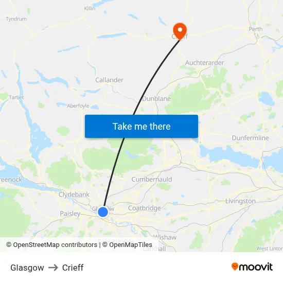 Glasgow to Crieff map