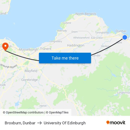 Broxburn, Dunbar to University Of Edinburgh map