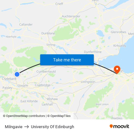 Milngavie to University Of Edinburgh map