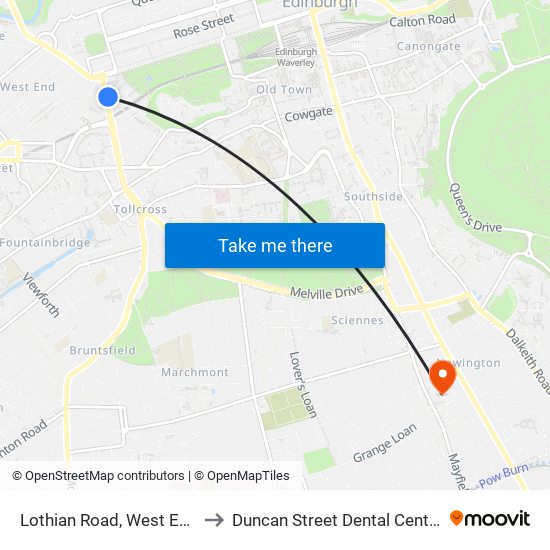 Lothian Road, West End to Duncan Street Dental Centre map