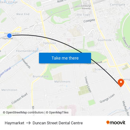 Haymarket to Duncan Street Dental Centre map