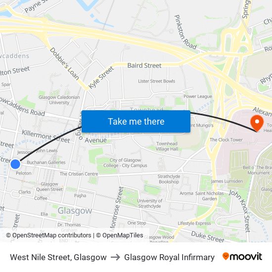 West Nile Street, Glasgow to Glasgow Royal Infirmary map